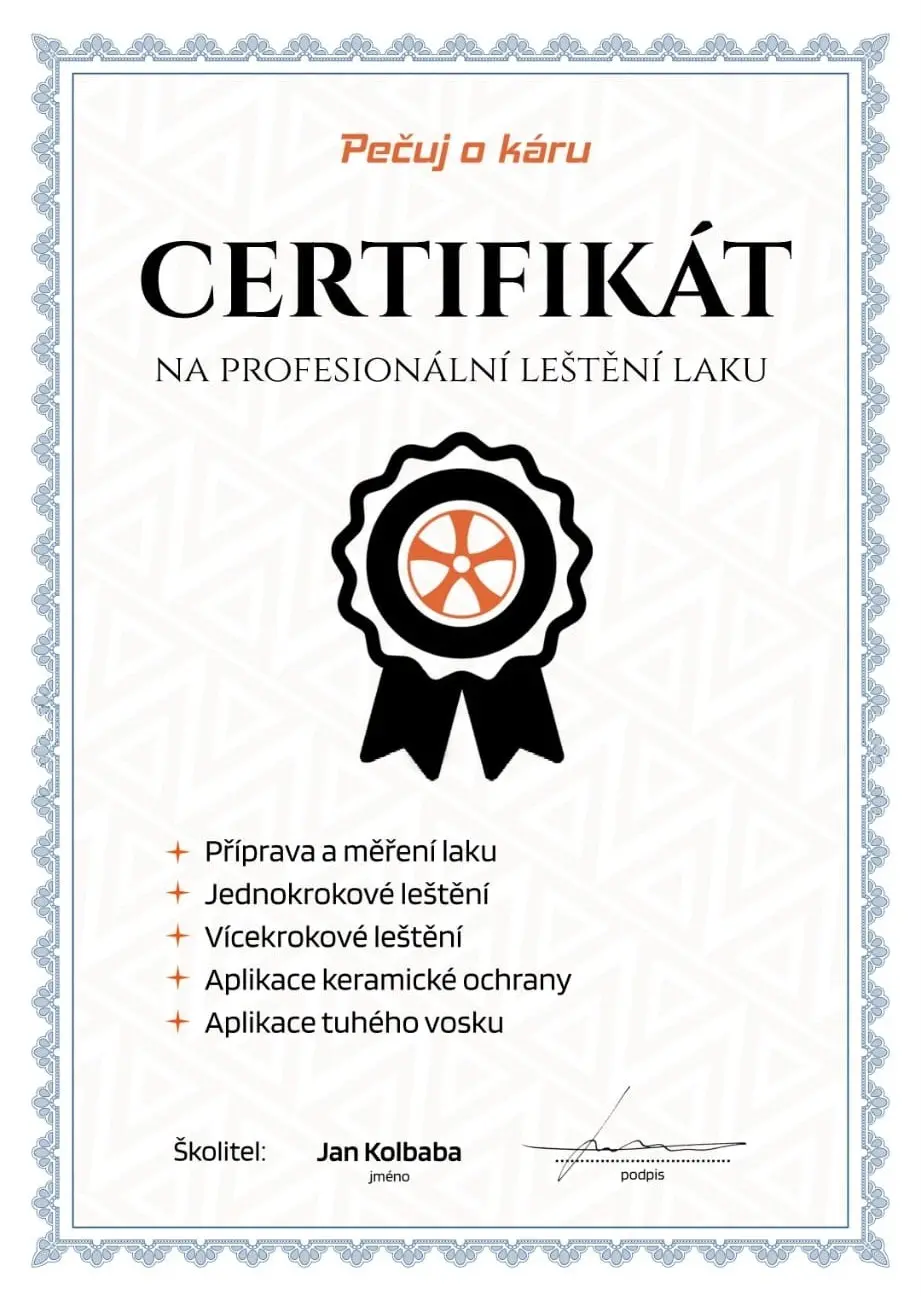Certifikát pro odbornou péči o vozy - detailing Brouček
